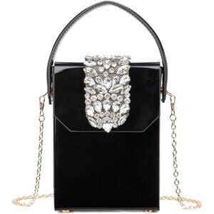 ⚡Women's Evening Rhinestone Box Detachable Chain Strap Black Crystal Clutch Bag
